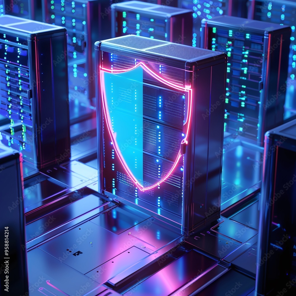 Poster secured and protected data server racks with illuminated lights, depicting cybersecurity in modern d