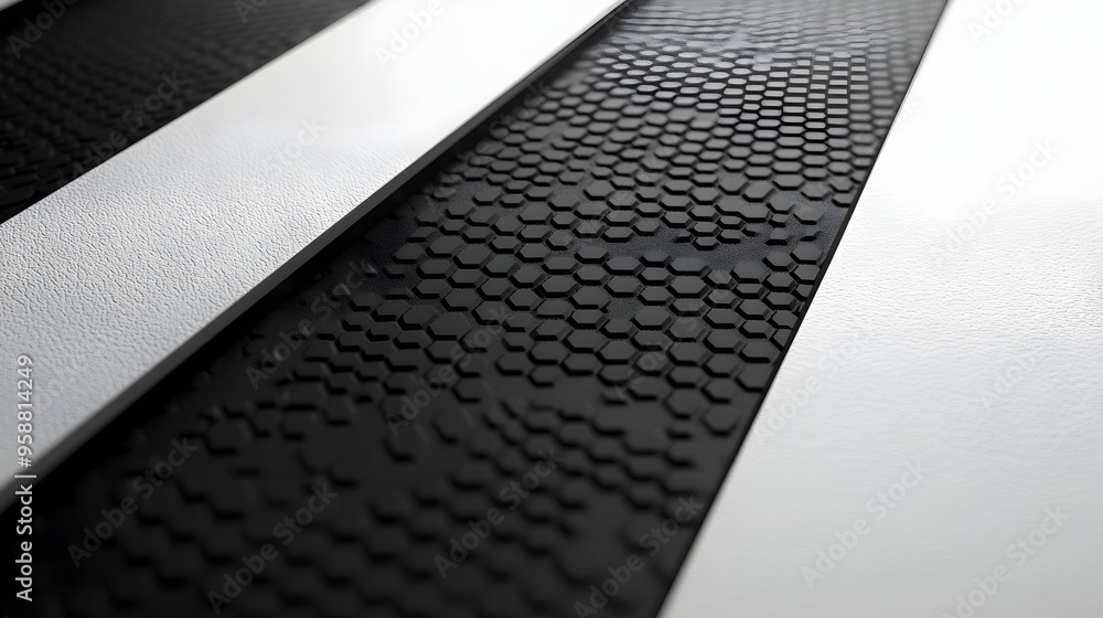 Poster sleek diagonal black stripe with repeating hexagon pattern on clean white background