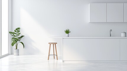 Contemporary white kitchen with clean lines and soft natural light, bright and airy, 3D illustration