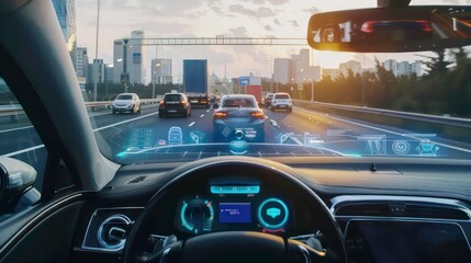 A driver's perspective of a futuristic self-driving car, showcasing its advanced features and technology while navigating through a busy city.