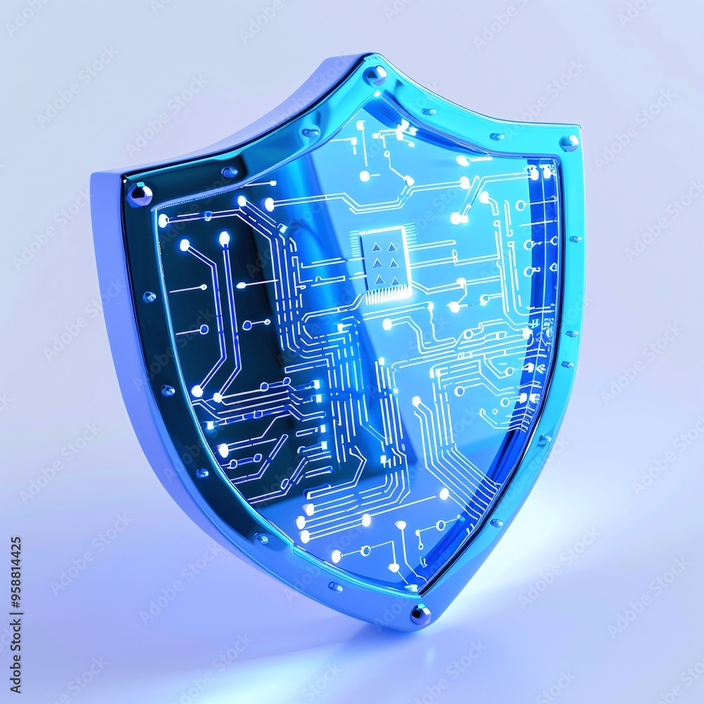 Poster shield representing cybersecurity with circuit board design and bright blue illumination, symbolizin