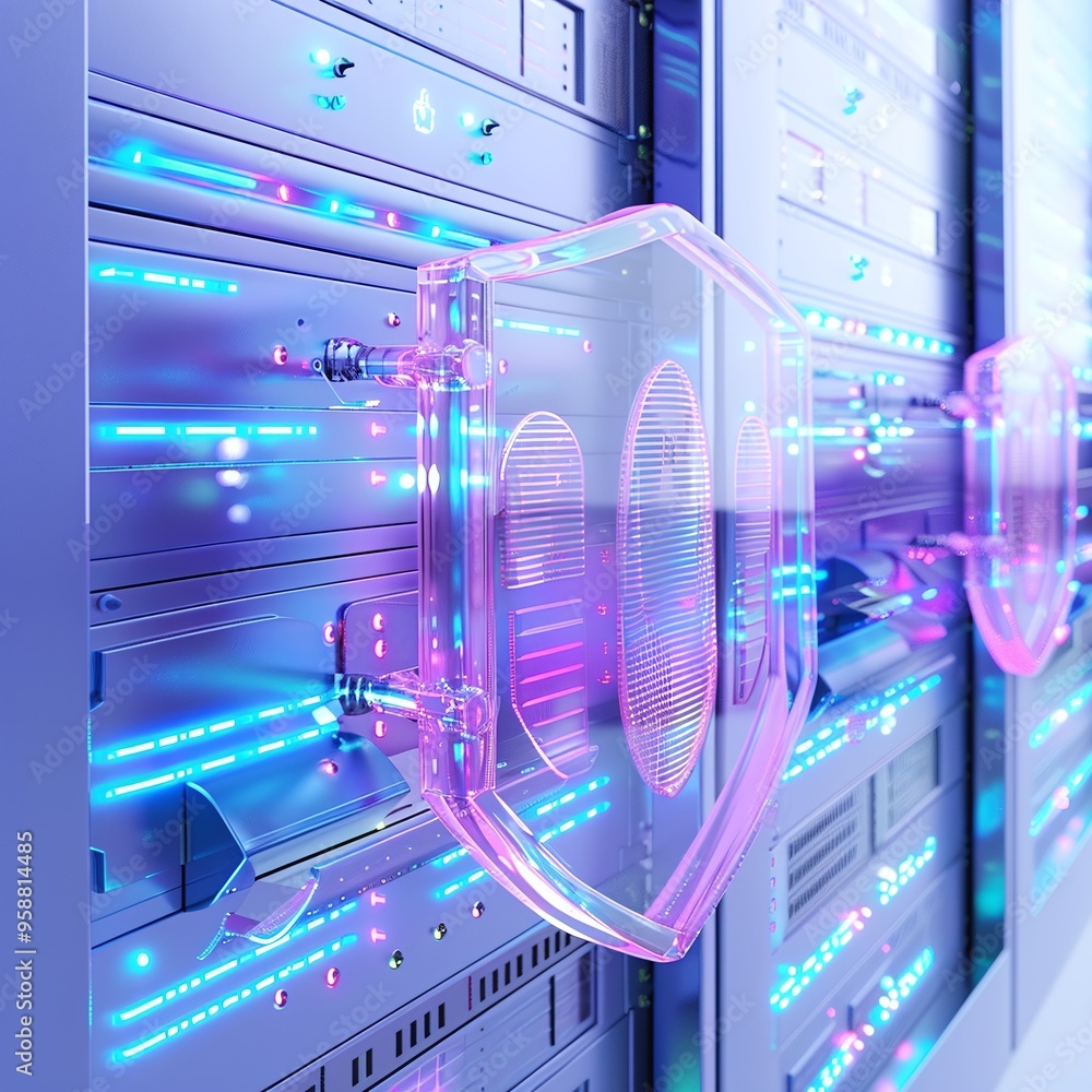 Poster shiny server racks with neon lights signify futuristic data security and advanced technology infrast