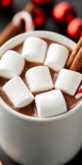 Hot chocolate with marshmallows in a festive mug steam rising cinnamon sticks and a candy cane on the side cozy and inviting warm light red and white palette