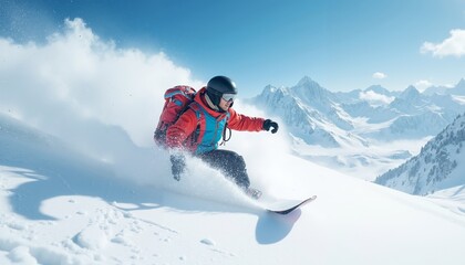 Adventurous snowboarder carves through fresh powder in breathtaking snowy mountains on bright winter day