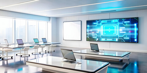 Modern AI Powered Education Center Featuring Interactive Whiteboards and Futuristic Learning Tools - Innovative Technology Transforming Educational Landscape with Efficiency and Style