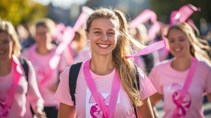 Participants wearing pink shirts and ribbons at a breast cancer charity walk.