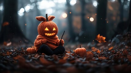 Obraz premium Pumpkin-headed rabbit knitting an orange and black scarf in a haunted forest, Halloween knitting, cute and spooky