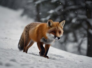 Obraz premium Red Fox Walking in Snow Winter Wildlife Snowfall Forest