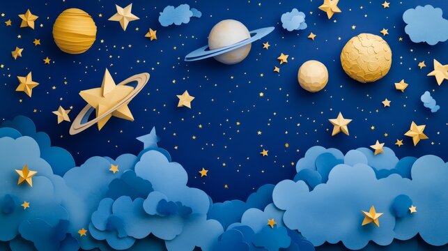 Celestial Papercraft: Stars & Planets Against a Deep Blue Sky - AR169_5