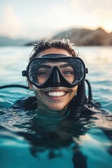 Fototapeta premium Portrait of a smiling female with scuba diving gear in sea water