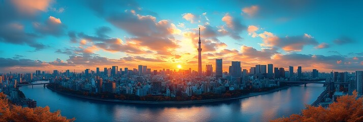 Fototapeta premium Breathtaking Sunset over the Iconic Tokyo Skyline A Panoramic View of Japan s Vibrant Capital