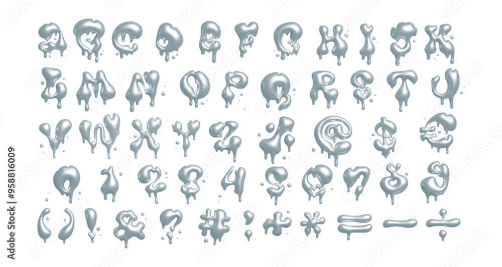 Poster 3d meting font with fluid abstract bubble shapes of dripping liquid white metal in y2k dotted halfto