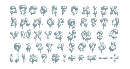 3D meting font with fluid abstract bubble shapes of dripping liquid white metal in y2k dotted halftone style. Set of isolated alphabet letters and numbers for typography design. Vector illustration.