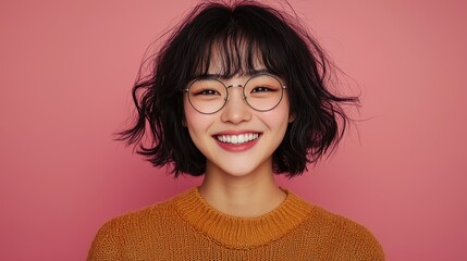 Happy Asian Geek with Unkempt Hair and Glasses Smiling Against Vibrant Pink Background