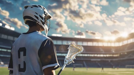 Lacrosse player in helmet and uniform standing on field at sunset