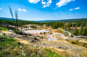 Yellowstone National Park Norris Geyser Basin and Fountain Paint Pots while hiking trails in summer of 2024