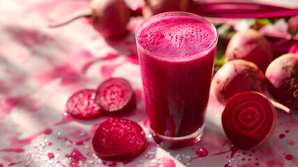 Refreshing beetroot juice in a clear glass with vibrant beets on the side