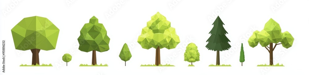 Poster modern low poly tree icon set. polygonal geometric forest style set. stylized eco design element.