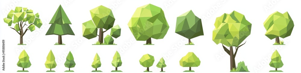 Poster modern 3d low poly symbol. set of abstract low poly tree icons isolated. geometric forest polygon st