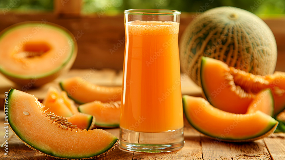 Poster refreshing melon juice served in a glass with fresh slices on a rustic table