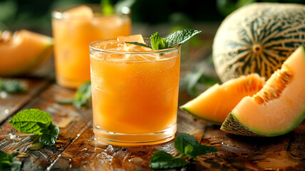 Refreshing melon cocktails garnished with mint on a rustic wooden table
