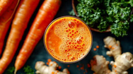 Vibrant carrot juice alongside fresh ginger and parsley on a rustic table