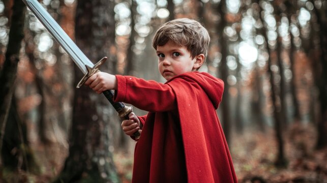 A child in a red cloak, pretending to pull an imaginary sword from an invisible sheath.