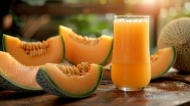 Refreshing cantaloupe juice served alongside fresh melon slices at sunset