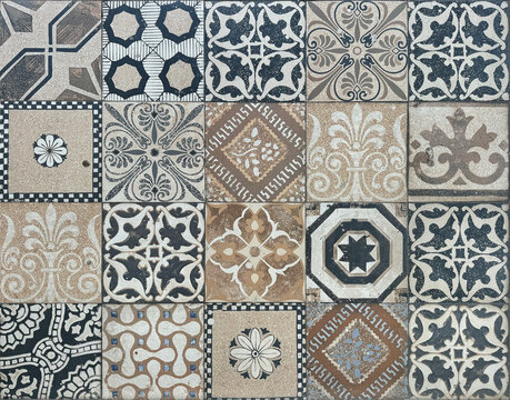 Patterned colonial or heritage tiles in random pattern printed floor tiles. Geometric shapes, vintage, floral pattern. Vintage colors, many shapes. Colorful design, Peranakan tiles, Spanish tiles, bri