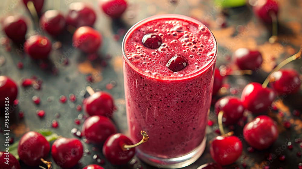 Poster refreshing cherry smoothie surrounded by fresh cherries on a rustic table