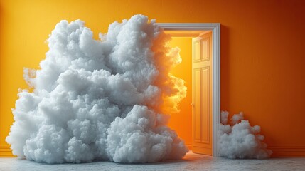 white clouds flying out an going through the open door objects isolate on bright yellow backgroun abstract metaphor modern minimal concept surreal dream scene