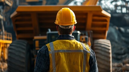 Construction worker with yellow hard hat standing near heavy machinery