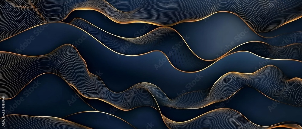 Wall mural navy blue and gold abstract wave line luxury background