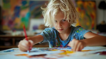 A blonde youth participating in a creative project or artistic endeavor, capturing their personal expression.