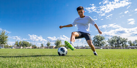 Naklejka premium Young Latino athlete practicing soccer kicks on a grassy field under blue sky