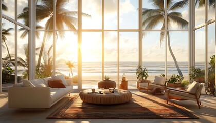 Sunlit Living Room with Panoramic Beach Views, Afternoon Light Pouring Through Windows, Airy Decor with Comfortable Seating and Soft Rug