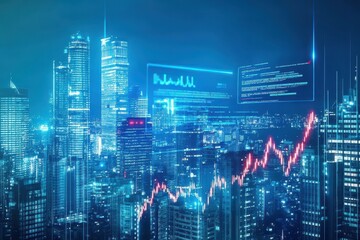 Fototapeta premium A vibrant city skyline at night with data visualization, showcasing financial trends and technology integration.