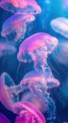 Obraz premium A close-up shot of jellyfish swimming in a blue water tank, illuminated by a soft light. The jellyfish are translucent and have long, trailing tentacles.