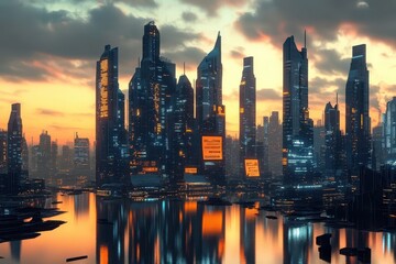 Obraz premium A vibrant futuristic cityscape at sunset, showcasing towering skyscrapers and reflective waters, evoking a sense of modernity.
