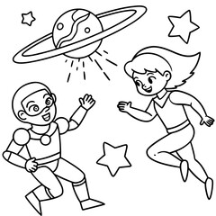 Superhero kids battling aliens in space
