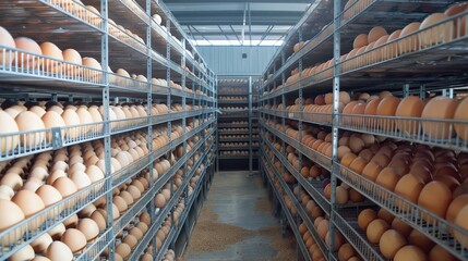 Interior view large egg storage facility with multiple metal shelves filled with neatly arranged brown eggs, organized layout showcases efficient management in commercial egg production.