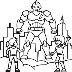 Superhero kids defending a city from a giant robot