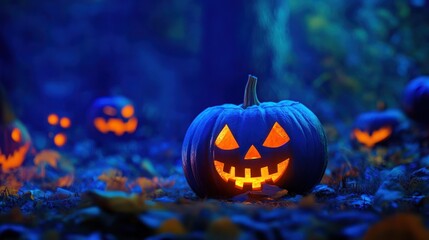 Glowing Jack-o'-lanterns in a spooky Halloween forest