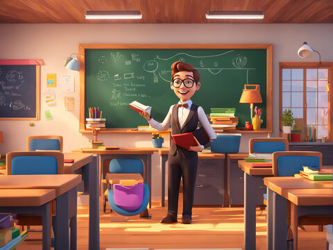 A cartoon teacher in a classroom, holding a book and smiling, with a blackboard behind him.