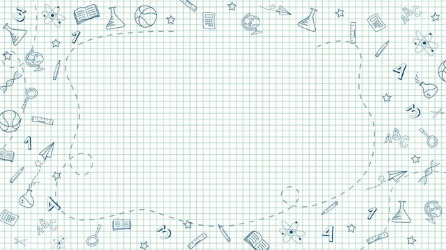 School white grid paper background. Education seamless pattern color line icons. Animated frame with copy space.