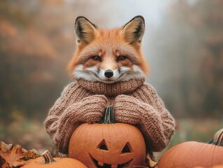 Fototapeta premium Fox knitting Halloween-themed mittens in a pumpkin patch, surrounded by fog, Halloween knitting, festive forest craft
