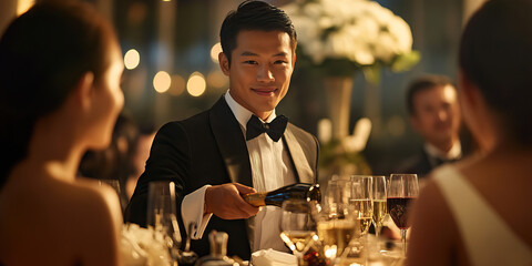 Handsome Asian man in tuxedo, serving wine to a table of guests at a lavish wedding reception