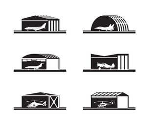 Hangars with aircrafts and helicopters – vector illustration