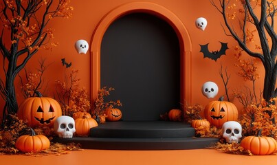 Elegant Halloween corner with pumpkins and skulls decor