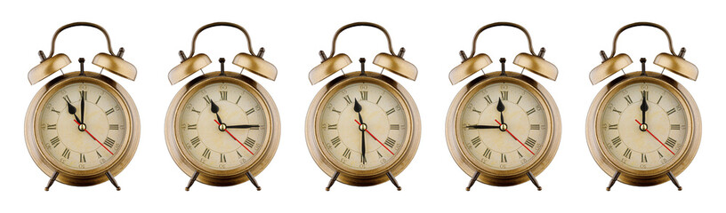 Alarm clock set, vintage clock with time period 11:00, 11:15, 11:30, 11:45, 12:00 a.m., p.m....